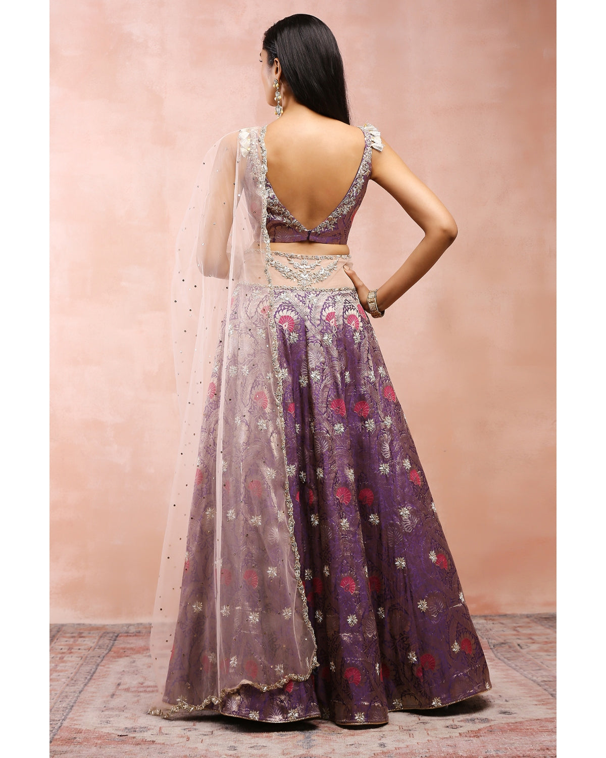 Purple Embroidered Blouse And Lehenga With Rose Pink Dupatta