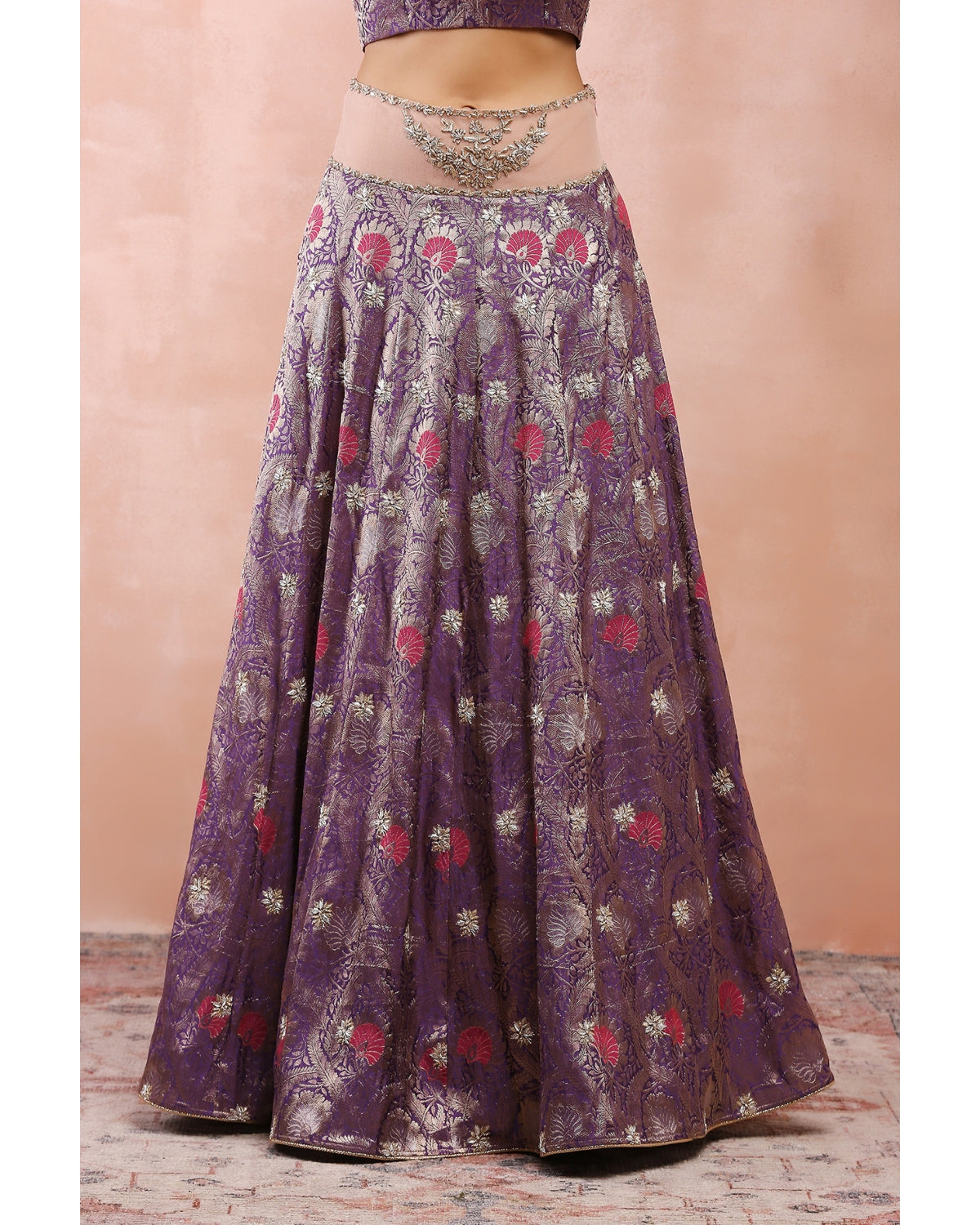 Purple Embroidered Blouse And Lehenga With Rose Pink Dupatta