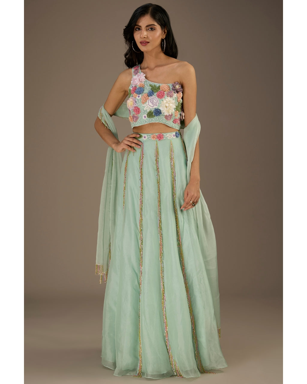 Sea foam Embroidered One Shoulder Blouse And Lehenga Set