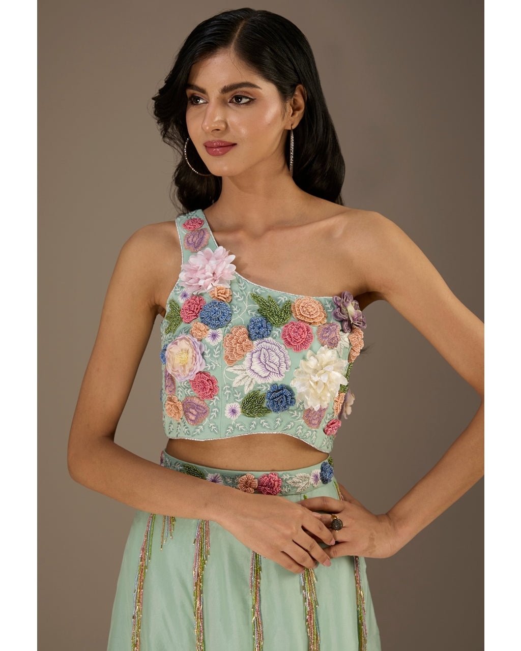 Sea foam Embroidered One Shoulder Blouse And Lehenga Set