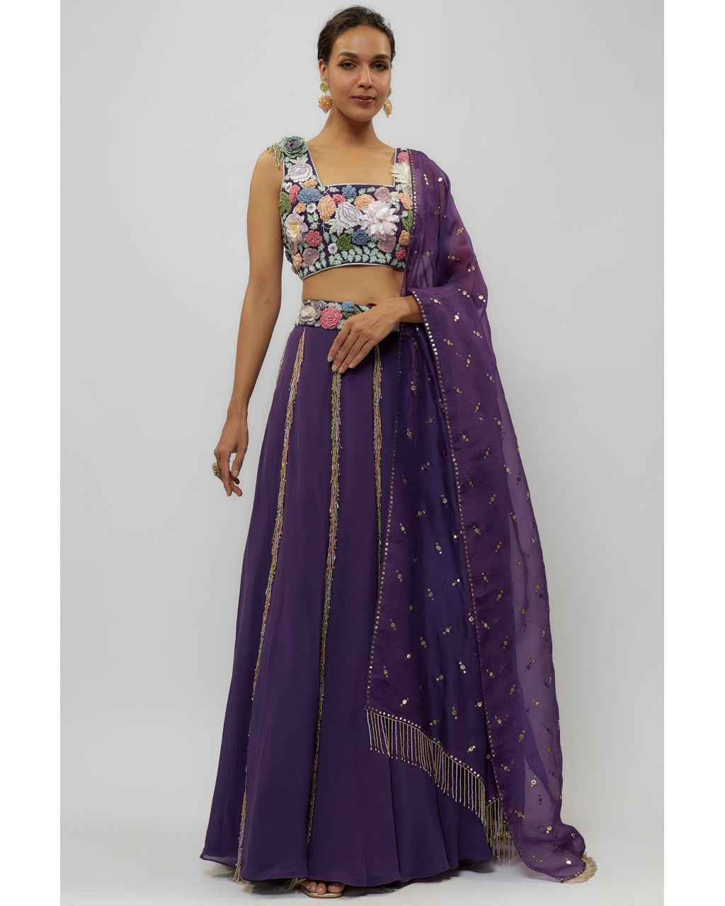 Purple Embroidered Choli With Lehenga Set