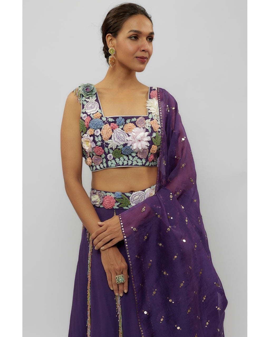 Purple Embroidered Choli With Lehenga Set