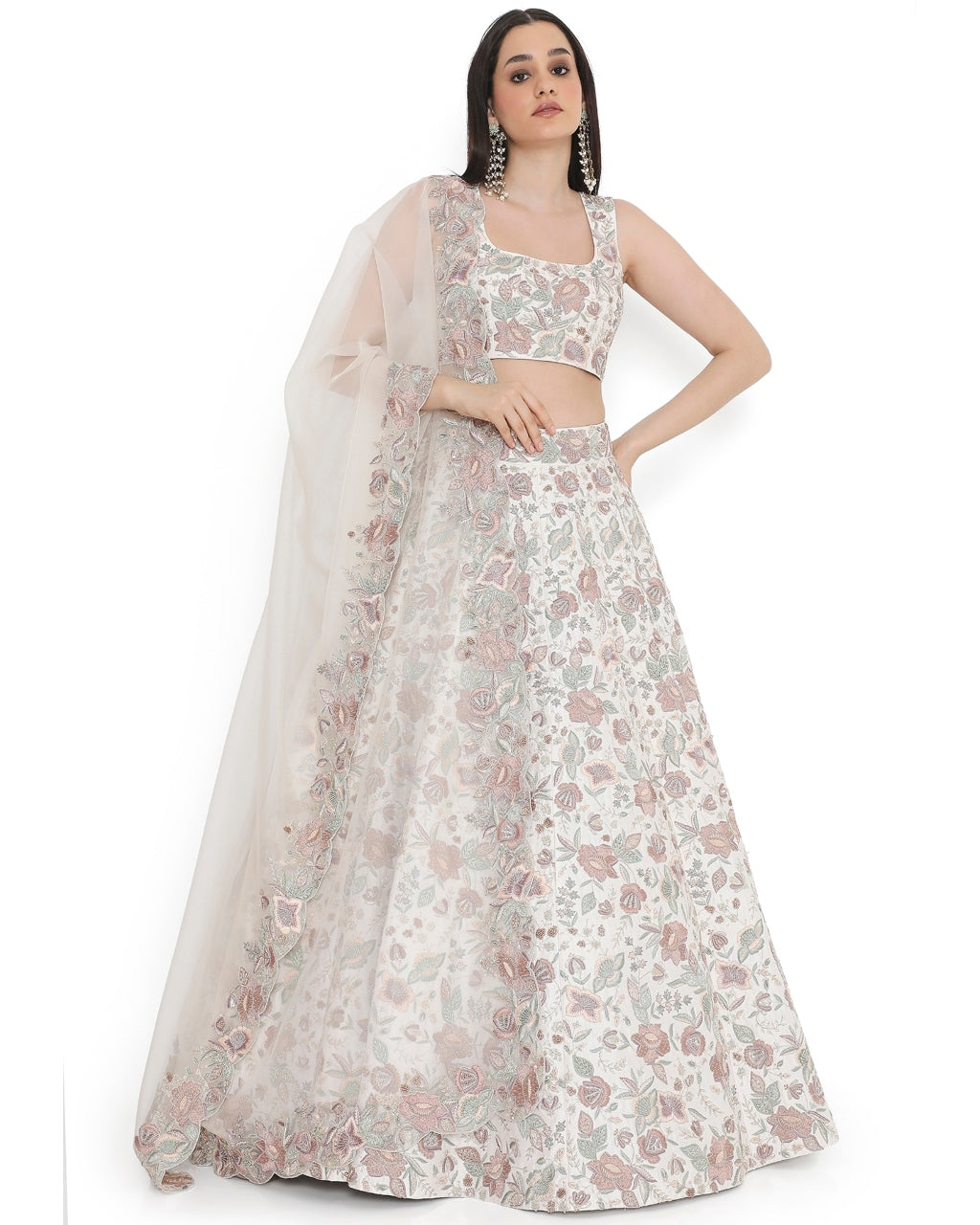 Ivory Embroidered Choli With Lehenga And Dupatta