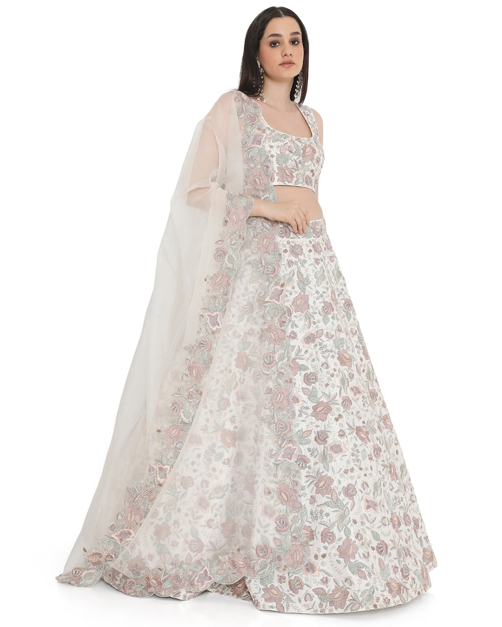 Ivory Embroidered Choli With Lehenga And Dupatta