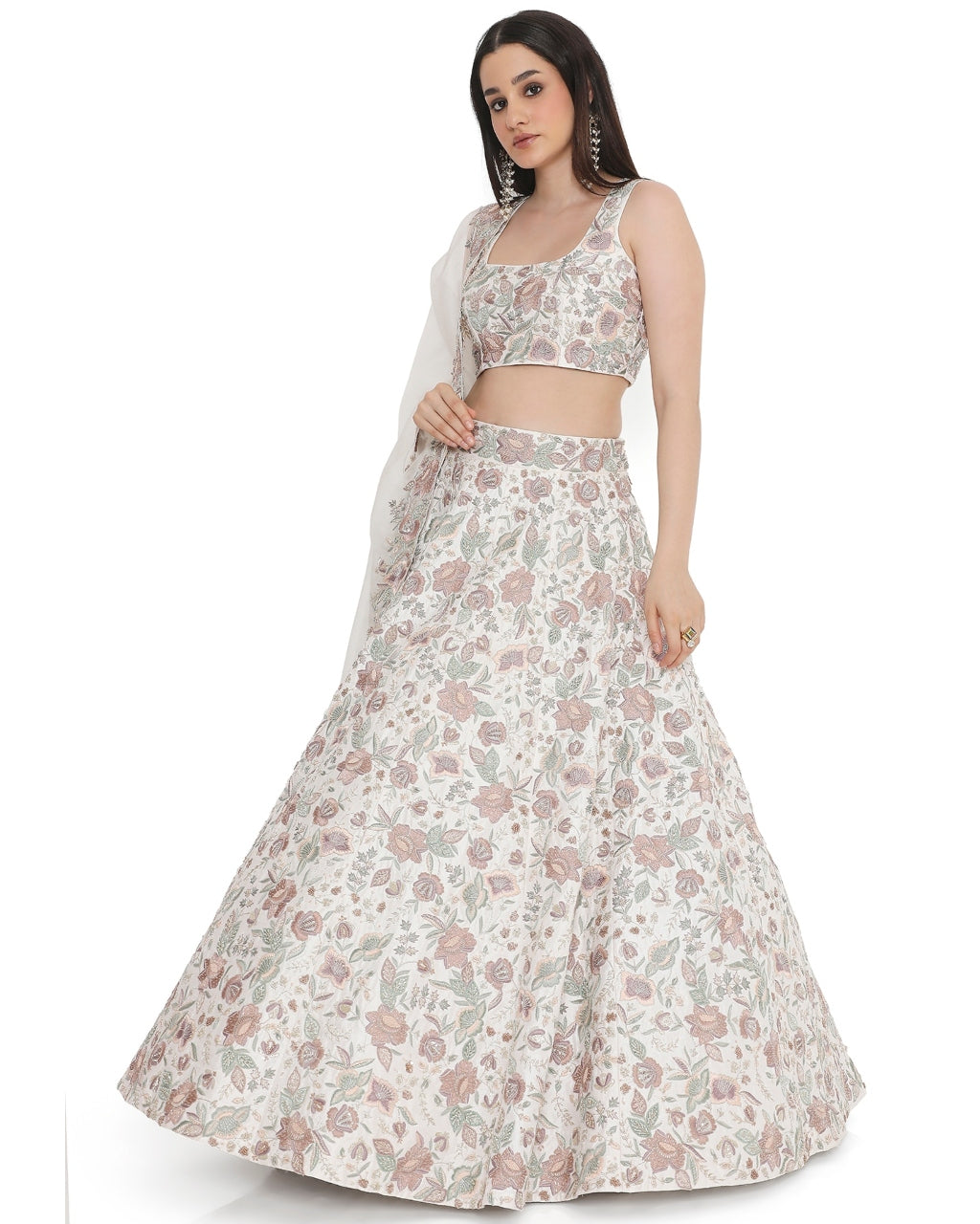 Ivory Embroidered Choli With Lehenga And Dupatta