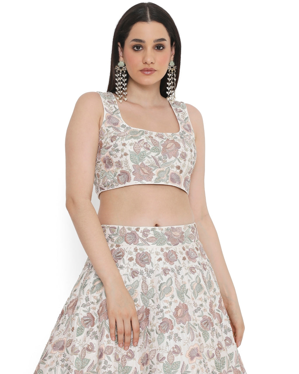 Ivory Embroidered Choli With Lehenga And Dupatta