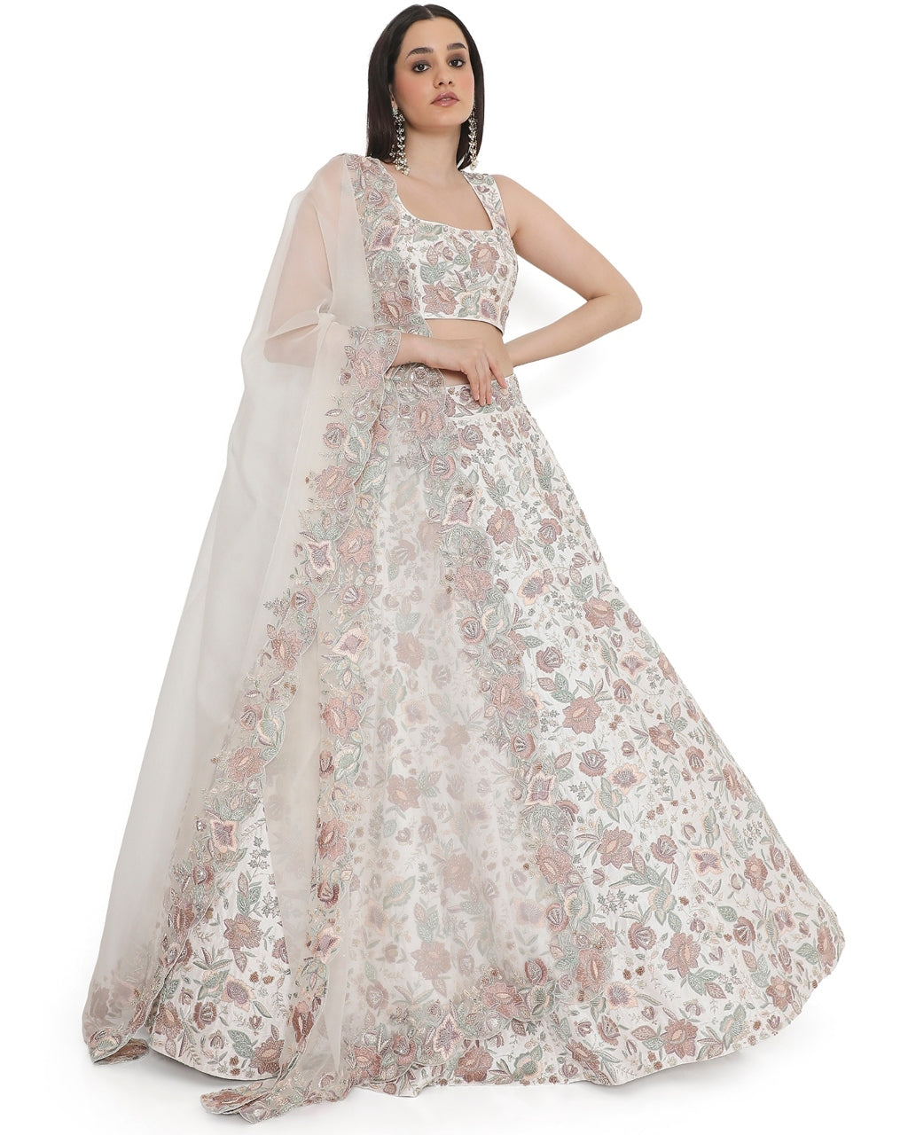 Ivory Embroidered Choli With Lehenga And Dupatta