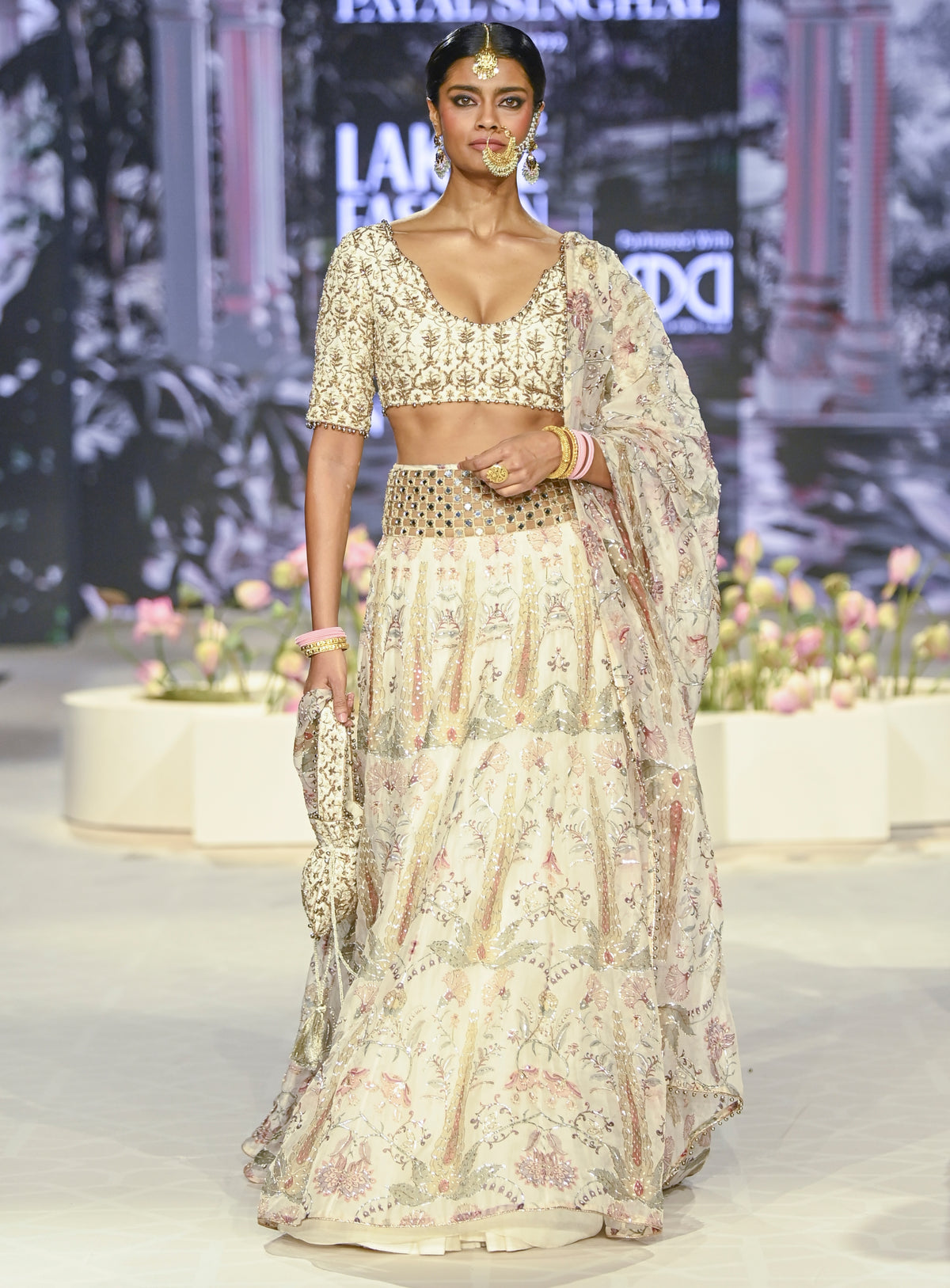 Sultana Cream Embroidered Choli With Cream Printed Lehenga And Embroidered Dupatta Set