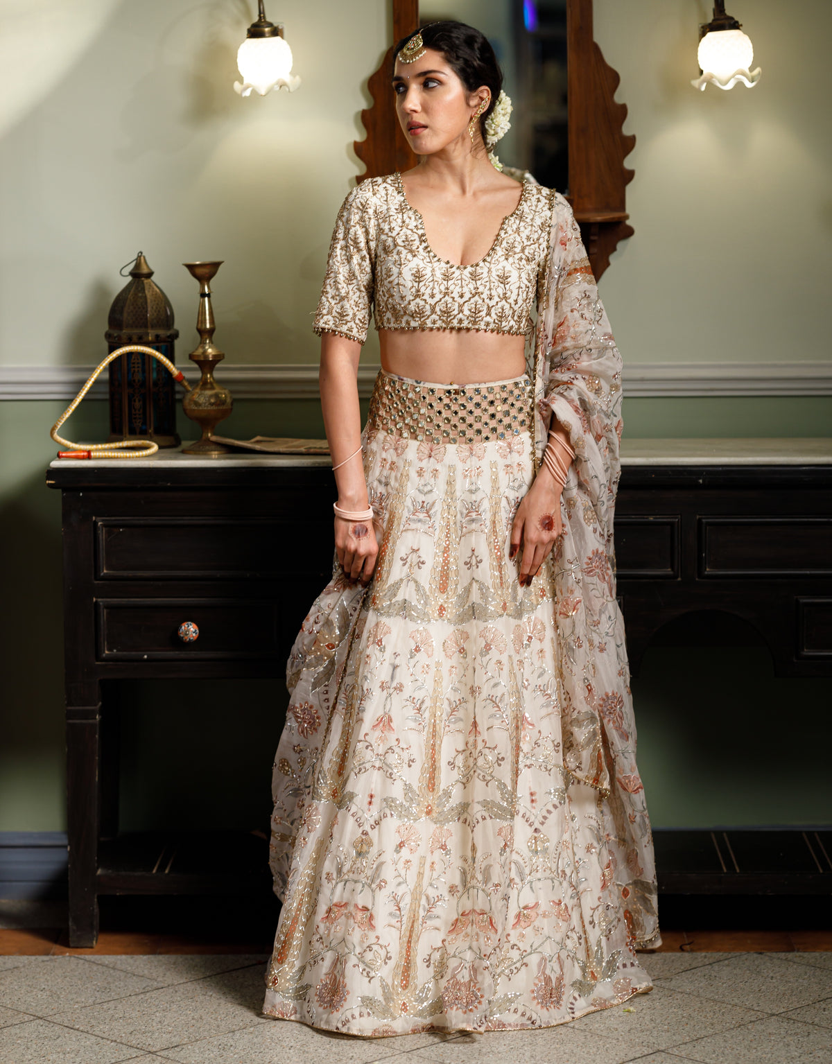 Sultana Cream Embroidered Choli With Cream Printed Lehenga And Embroidered Dupatta Set