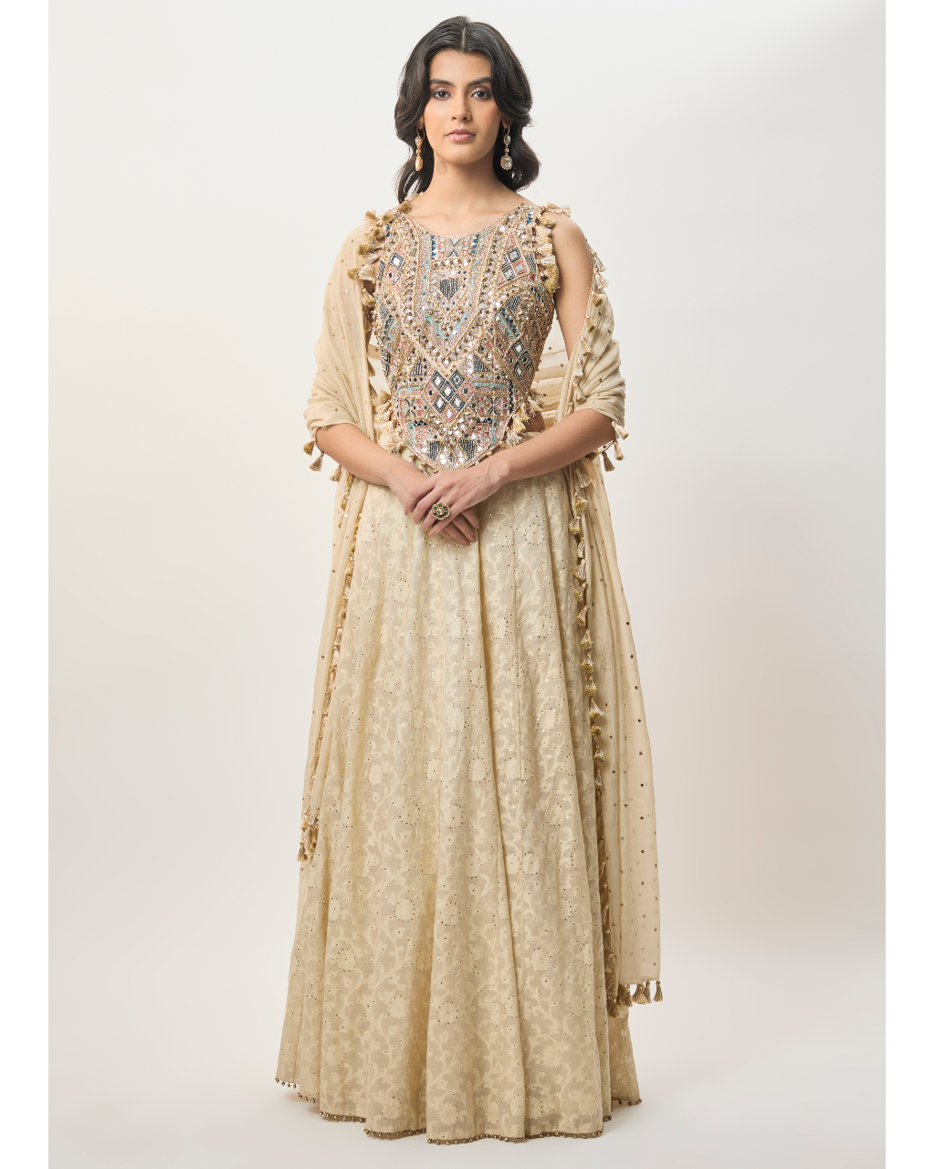 Yasna Stone Georgette Half Back Covered Embroidered Choli With Lehenga And Mukaish Mul Dupatta