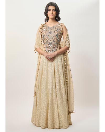 Yasna Stone Georgette Half Back Covered Embroidered Choli With Lehenga And Mukaish Mul Dupatta