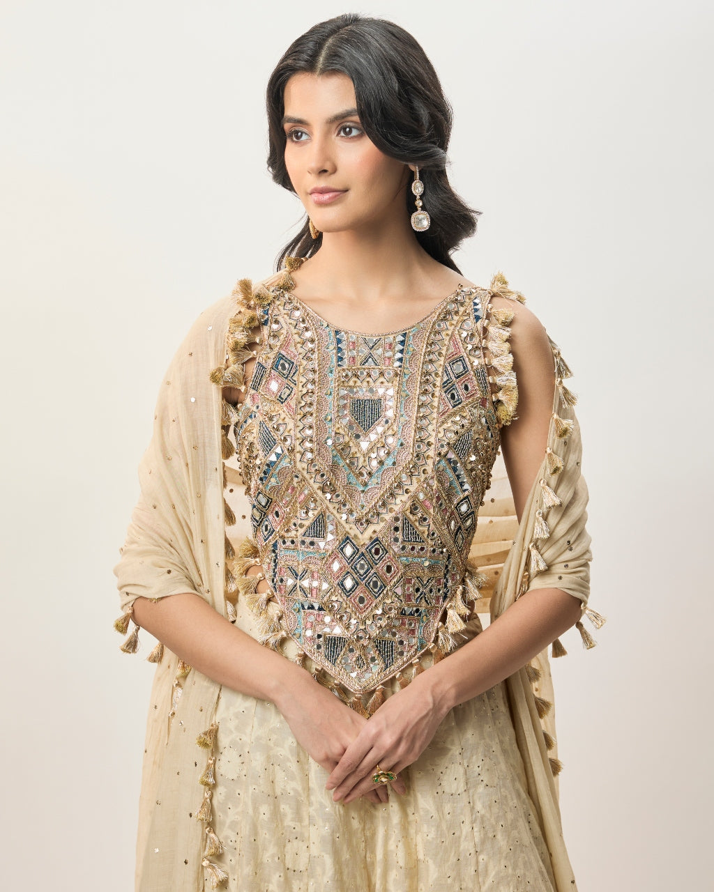 Yasna Stone Georgette Half Back Covered Embroidered Choli With Lehenga And Mukaish Mul Dupatta