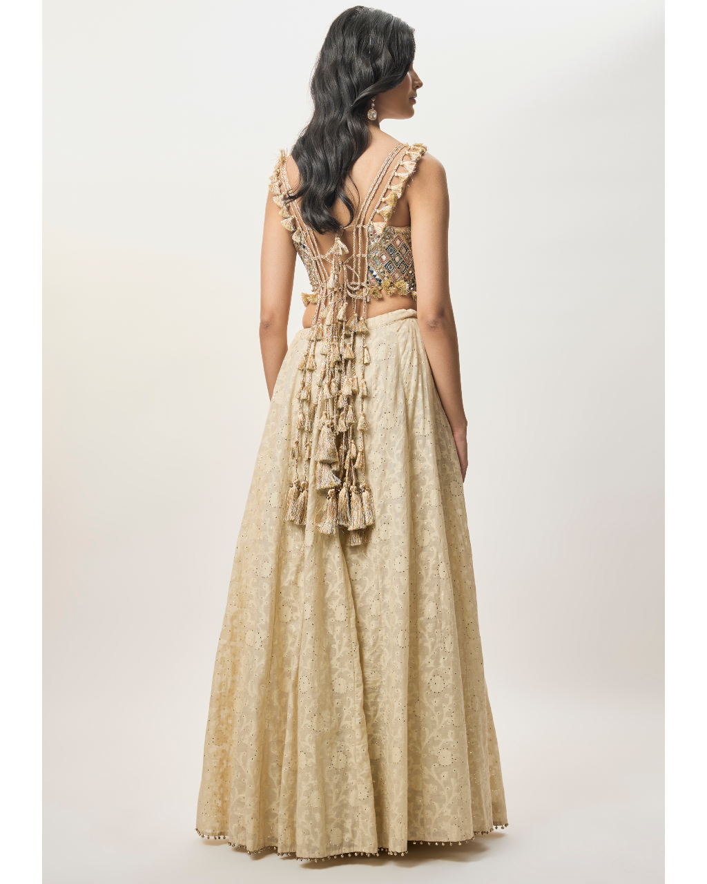 Yasna Stone Georgette Half Back Covered Embroidered Choli With Lehenga And Mukaish Mul Dupatta