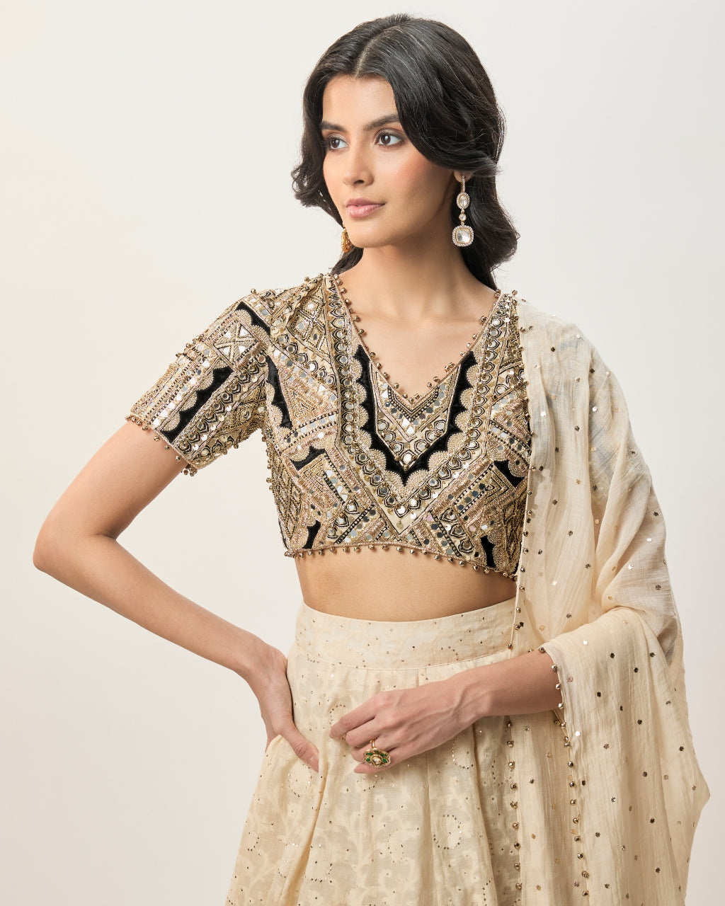 Mahtab Stone Georgette Embroidered Choli With Lehenga And Mukaish Mul Dupatta