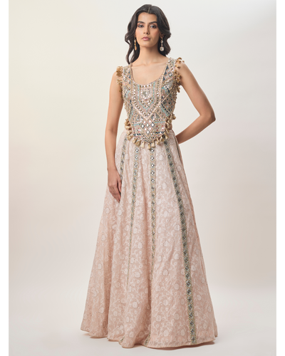 Mehrsa Blush Pink Georgette Half Back Covered Embroidered Choli And Katarwa Lehenga
