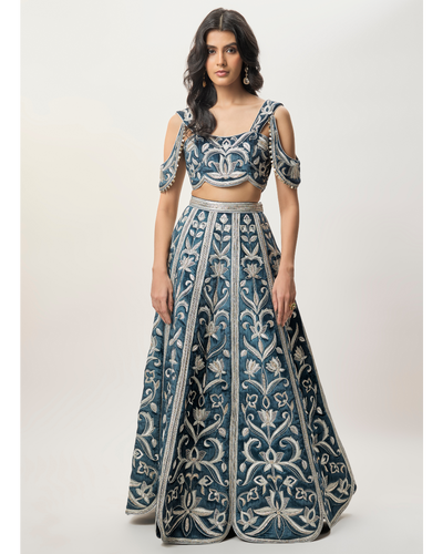 Sahar Navy Blue Velvet Quilted Embroidered Choli With Attached Embroidered Bajuband And Quilted Lehenga.