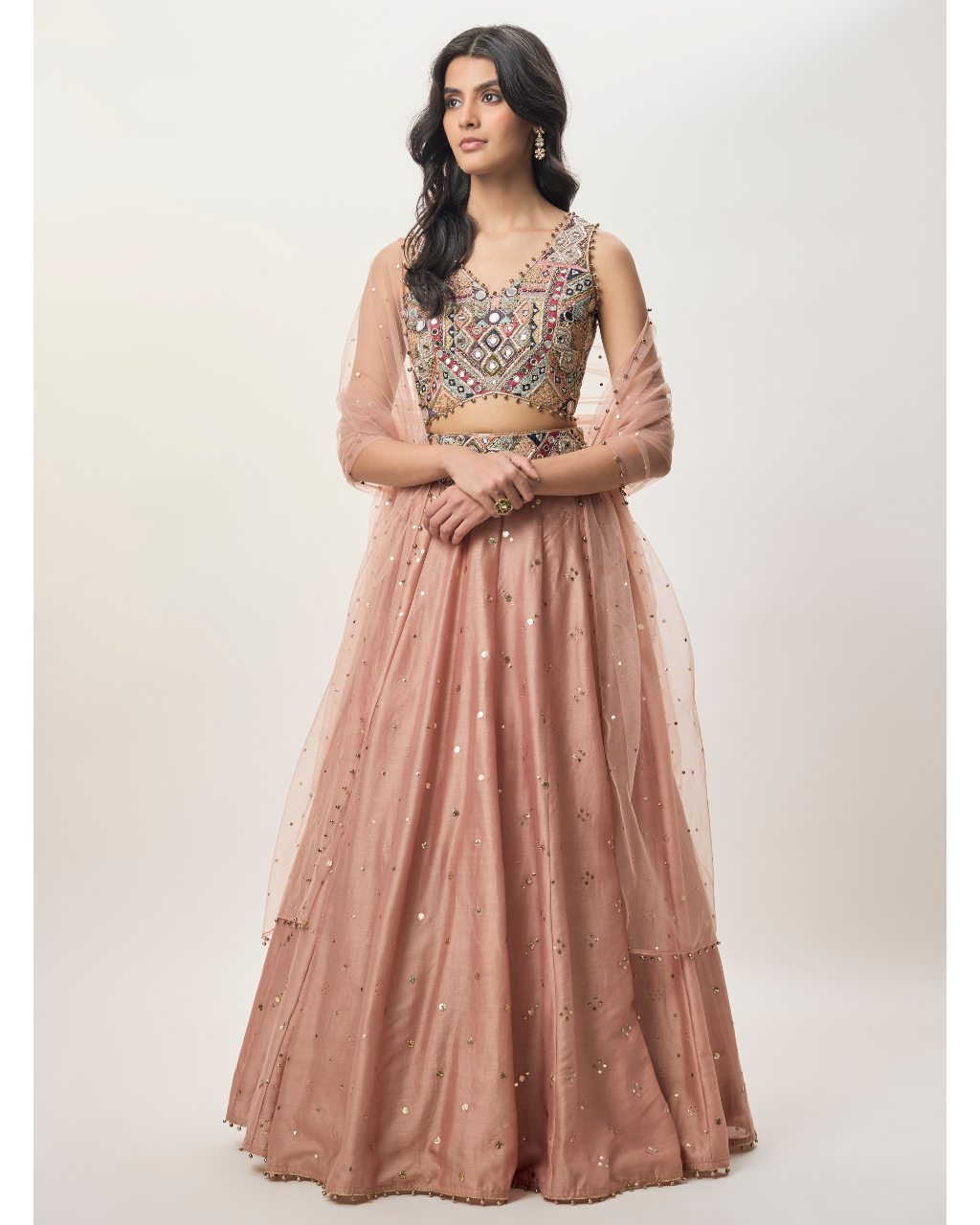 Mahnaz Peachy Pink Georgette Embroidered Choli With Lehenga And Mukaish Net Dupatta