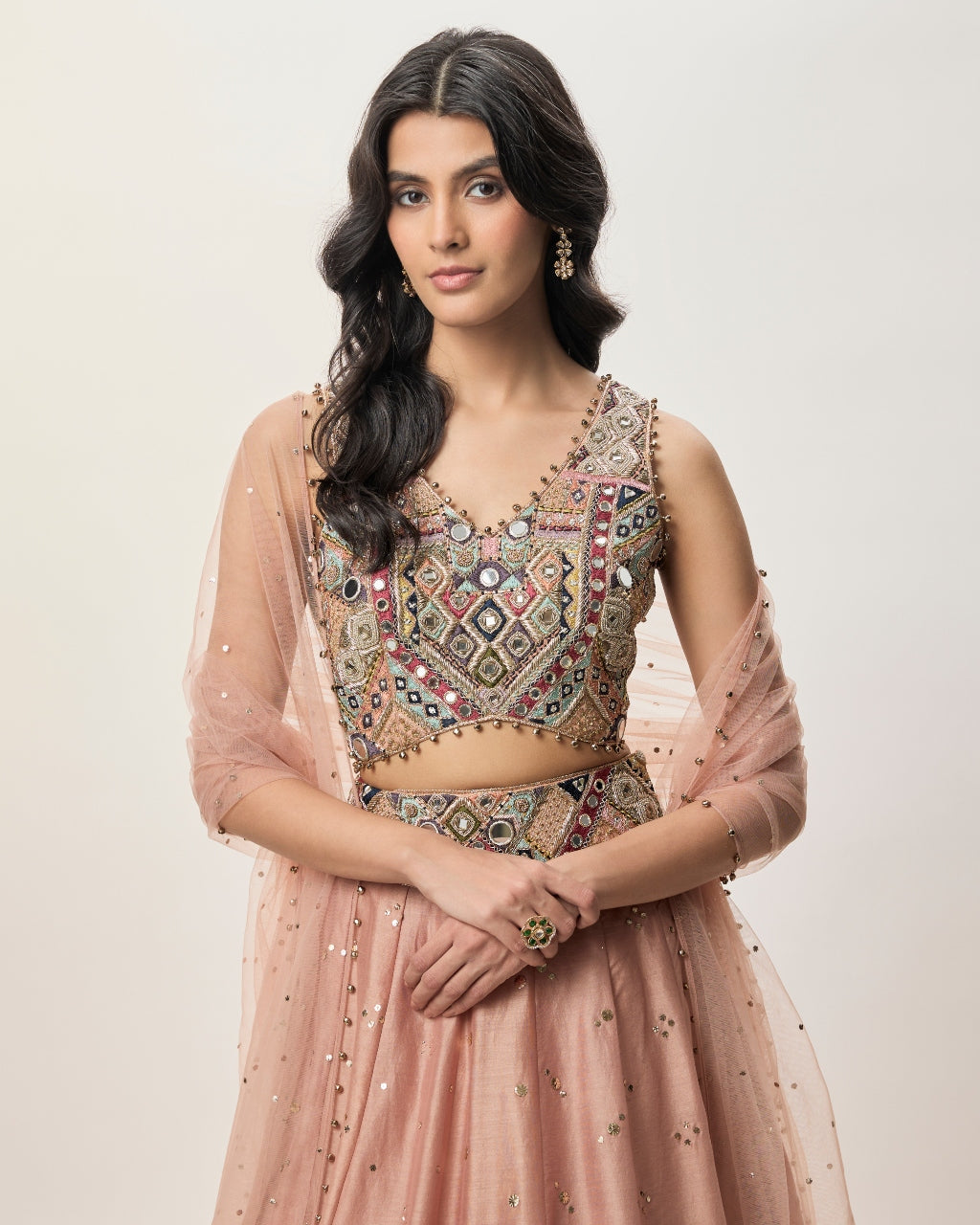 Mahnaz Peachy Pink Georgette Embroidered Choli With Lehenga And Mukaish Net Dupatta