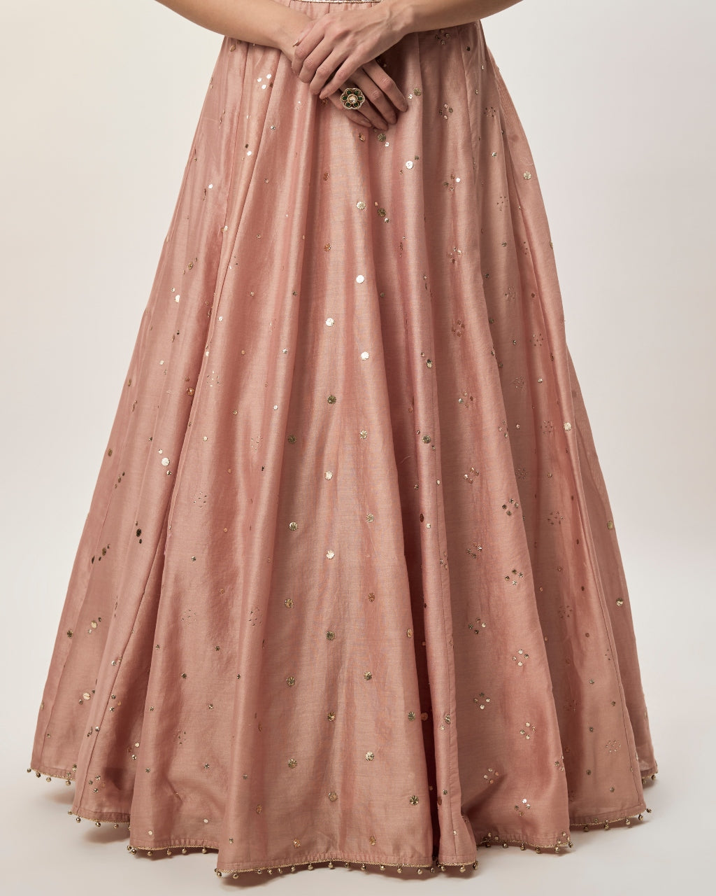 Mahnaz Peachy Pink Georgette Embroidered Choli With Lehenga And Mukaish Net Dupatta