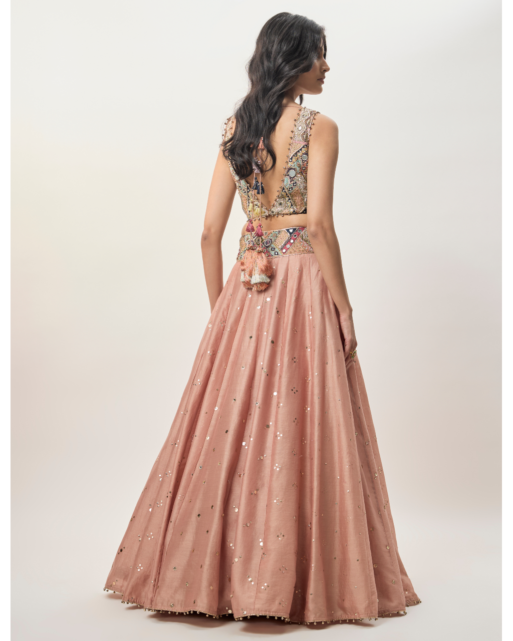 Mahnaz Peachy Pink Georgette Embroidered Choli With Lehenga And Mukaish Net Dupatta