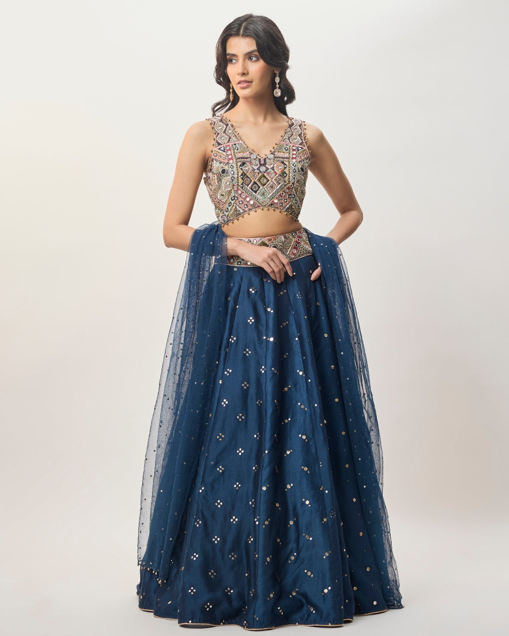 Mahnaz Navy Blue Georgette Embroidered Choli With Lehenga And Mukaish Net Dupatta