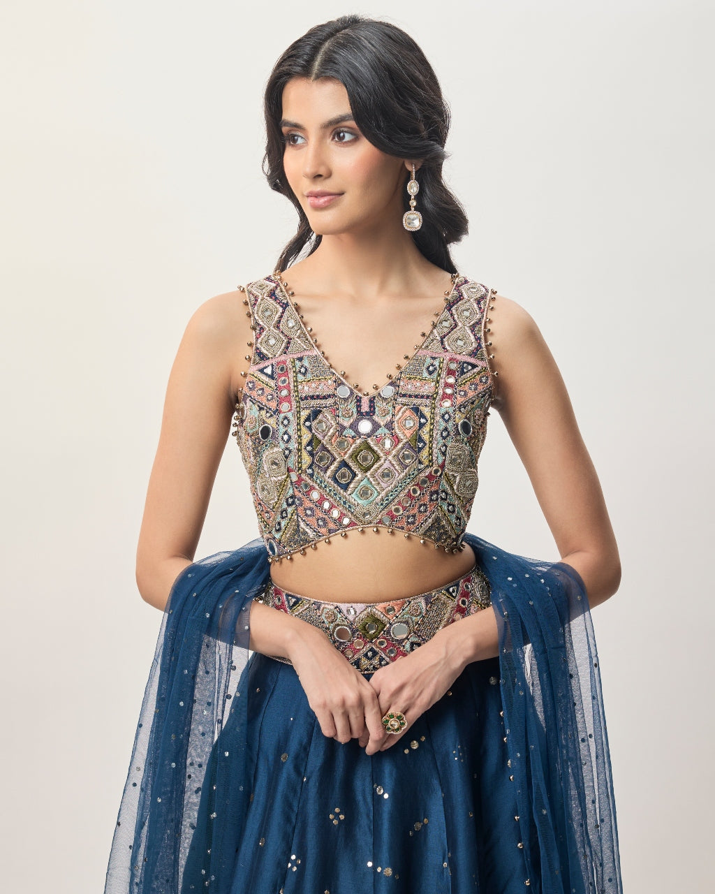 Mahnaz Navy Blue Georgette Embroidered Choli With Lehenga And Mukaish Net Dupatta