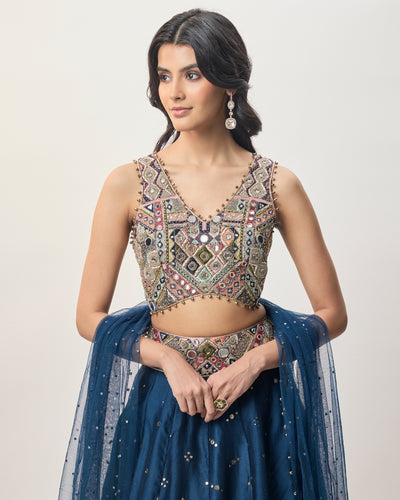 Mahnaz Navy Blue Georgette Embroidered Choli With Lehenga And Mukaish Net Dupatta