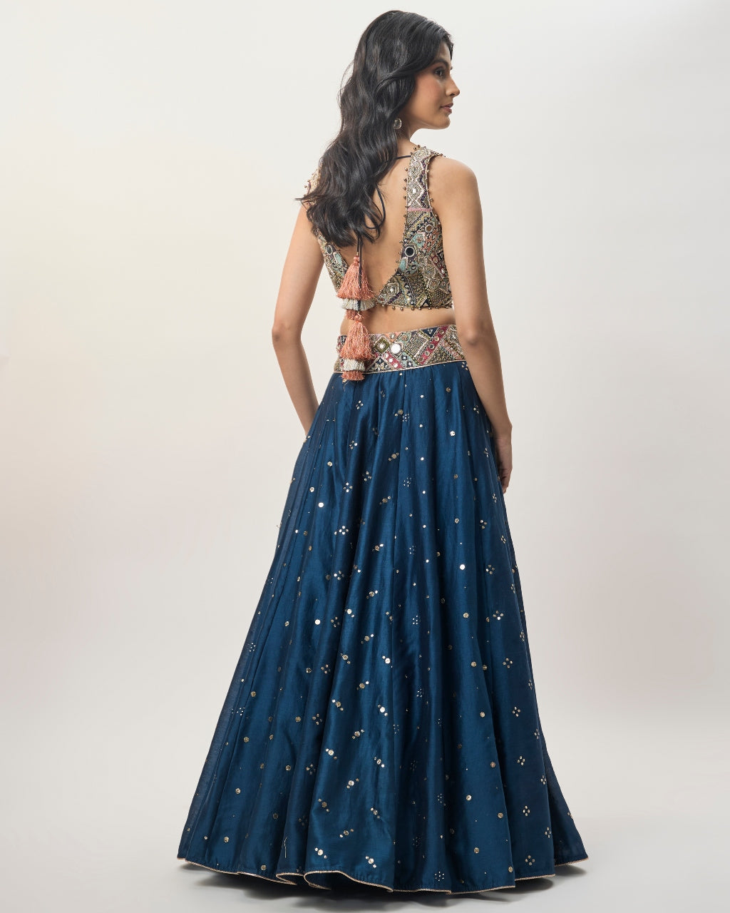 Mahnaz Navy Blue Georgette Embroidered Choli With Lehenga And Mukaish Net Dupatta