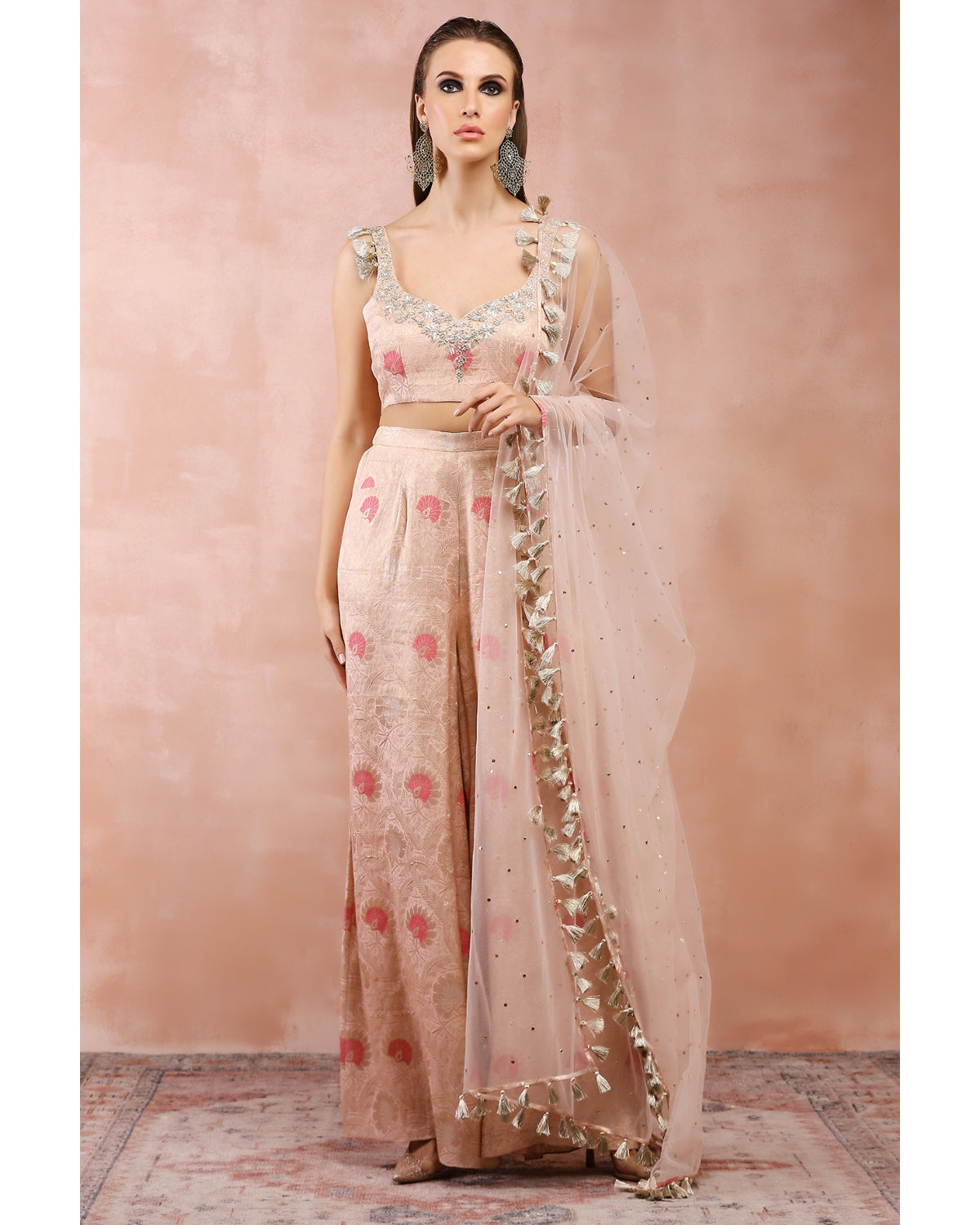 Rose Pink Embroidered Blouse And Palazzo With Dupatta by Payal Singhal