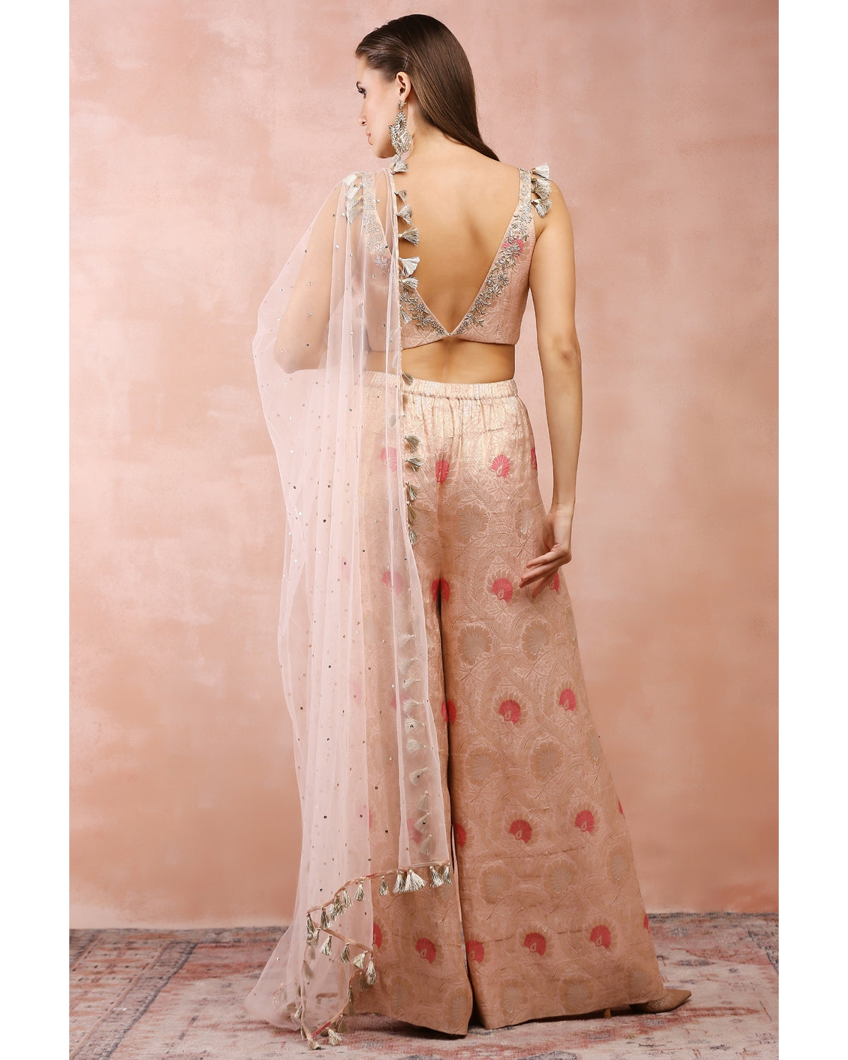 Rose Pink Embroidered Blouse And Palazzo With Dupatta