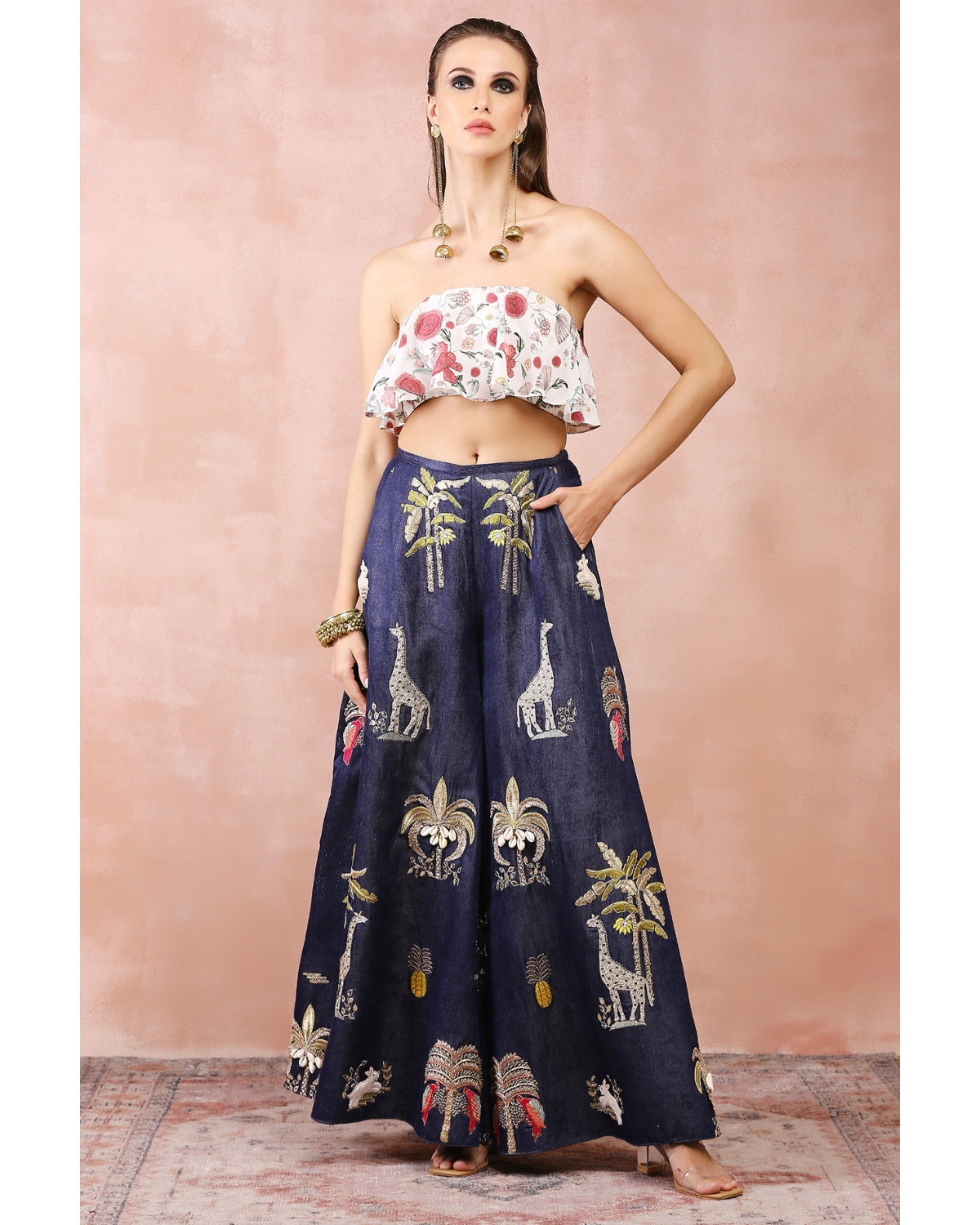 Off White Ruffle Bustier With Denim Embroidered Wide Leg Pants