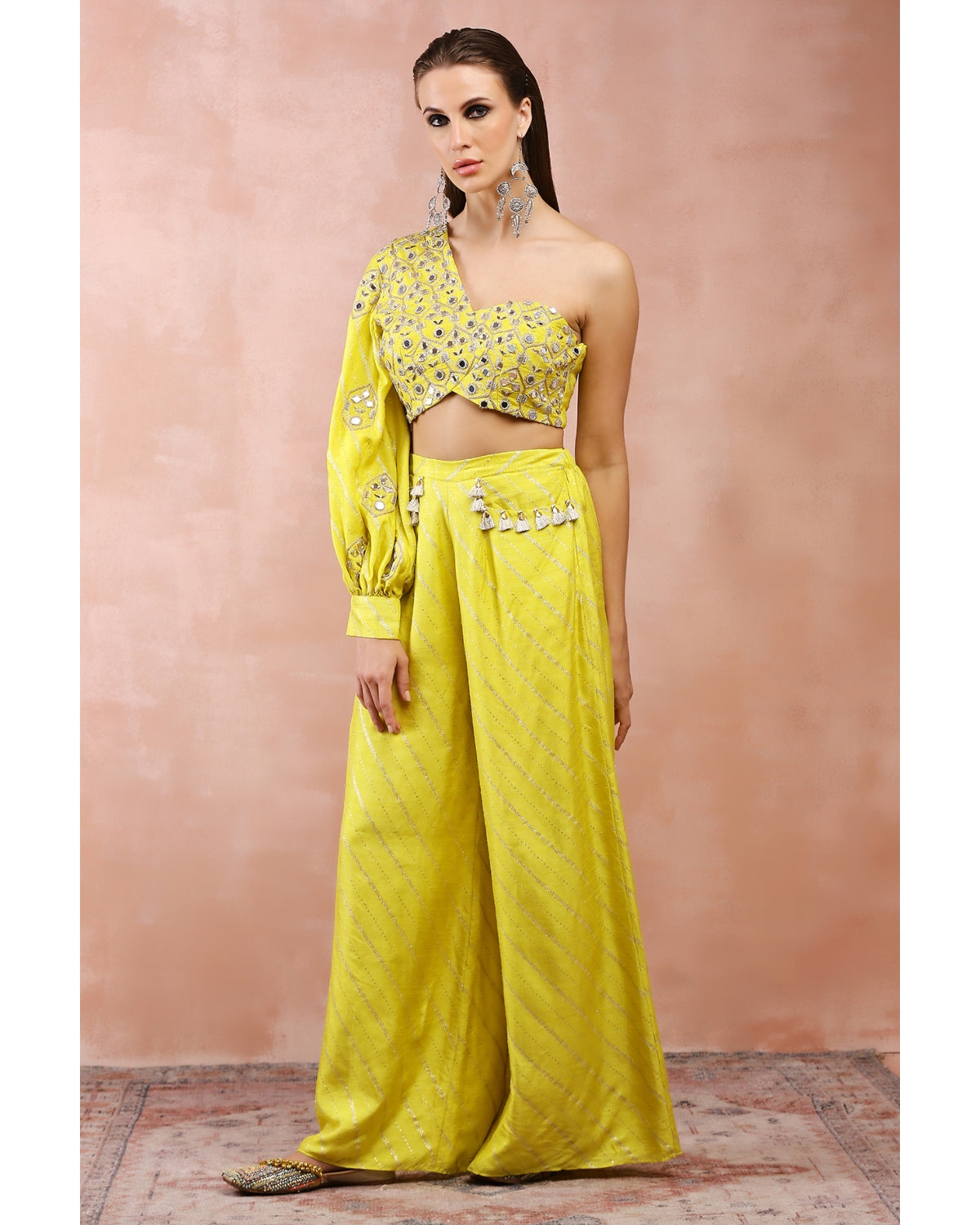 Lime Green Embroidered One Shoulder Top And Palazzo by Payal Singhal