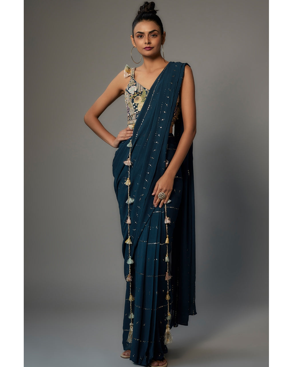 Teal Blue Embroidered Choli With Pre-Stitched Sari Set