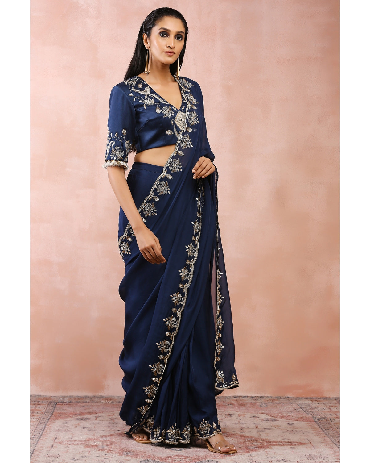 Navy Blouse And Pre-Stitched Sari