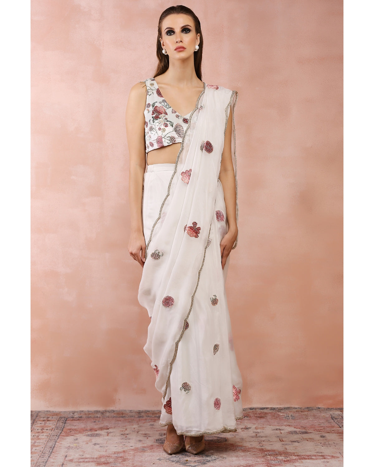 Off White Gulbagh Pre-Stitched Sari by Payal Singhal