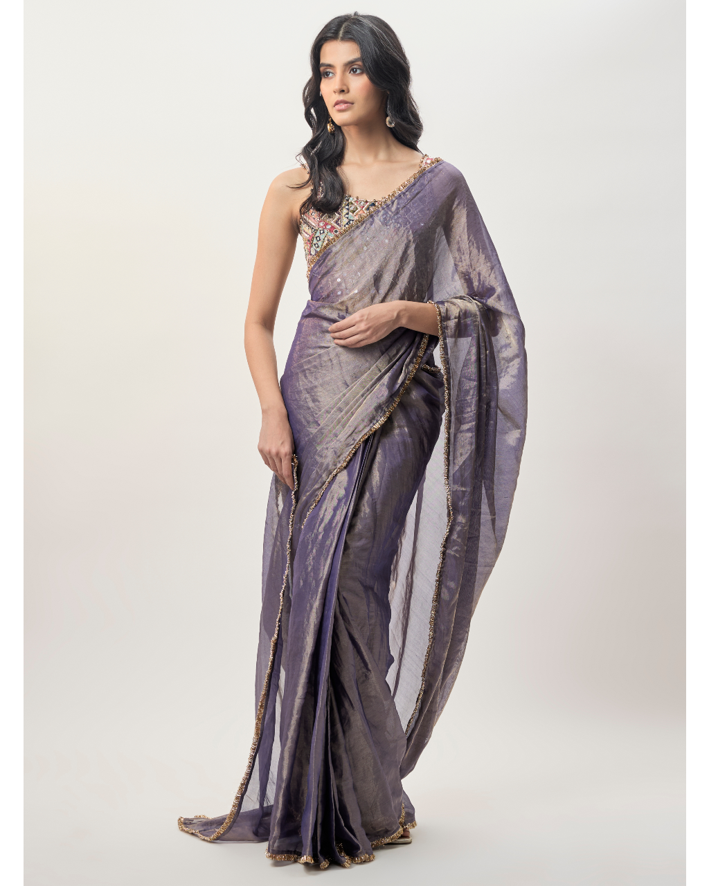 Niusha Purple Georgette Embroidered Choli And Pre-Stitched Tissue Sari