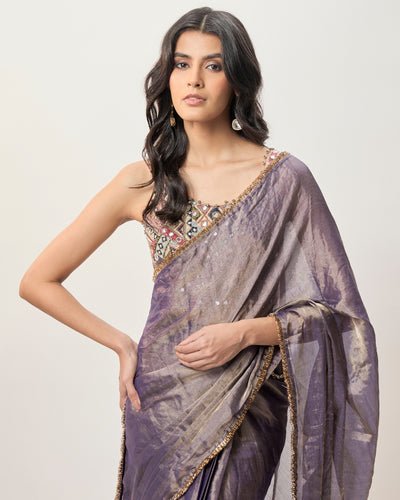 Niusha Purple Georgette Embroidered Choli And Pre-Stitched Tissue Sari