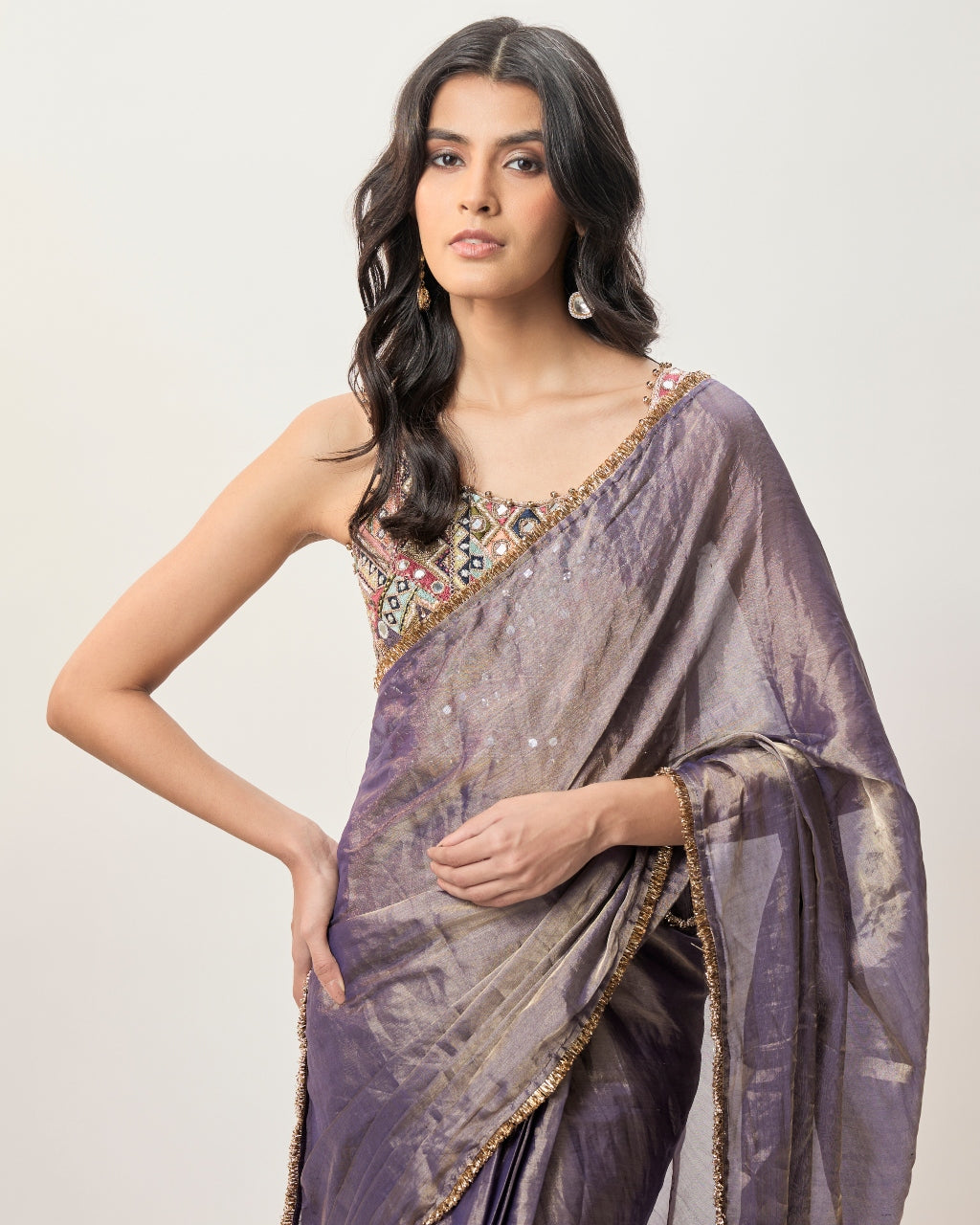 Niusha Purple Georgette Embroidered Choli And Pre-Stitched Tissue Sari