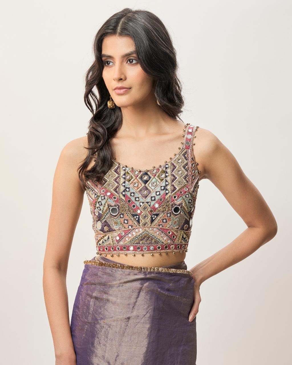 Niusha Purple Georgette Embroidered Choli And Pre-Stitched Tissue Sari