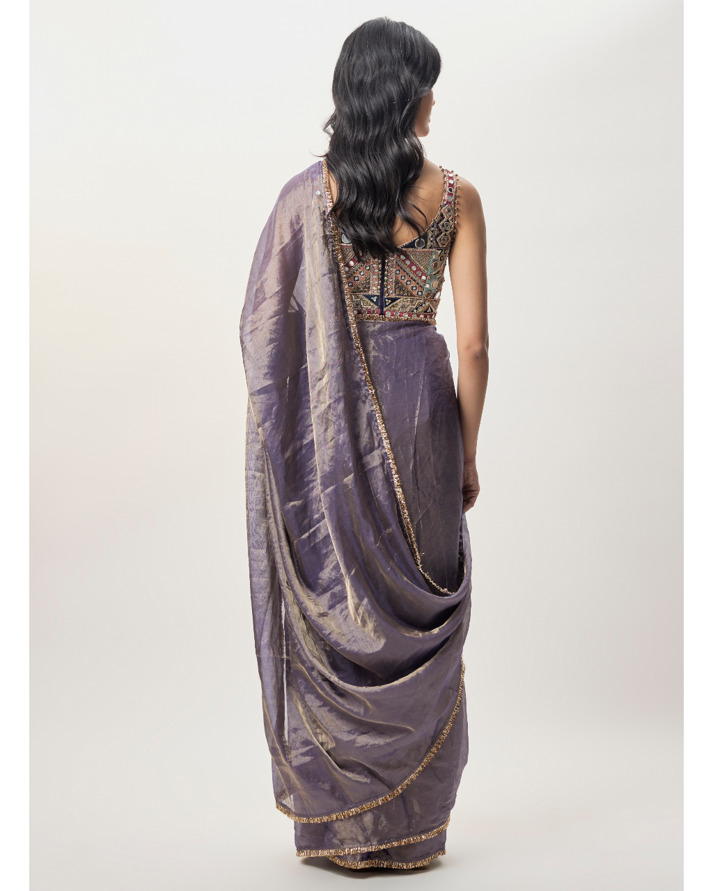 Niusha Purple Georgette Embroidered Choli And Pre-Stitched Tissue Sari