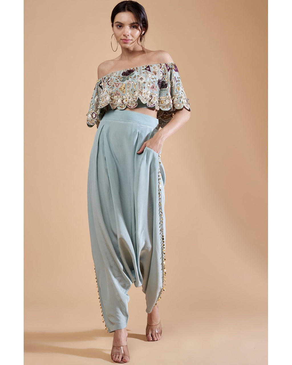 Powder Blue Top With Low Crotch Pant