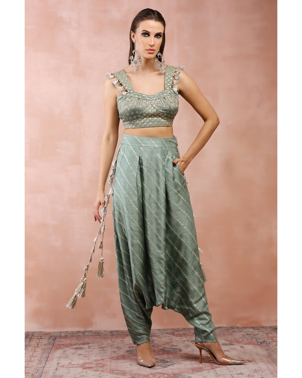 Sage Green Embroidered Corset Top With Lowcrotch Pant