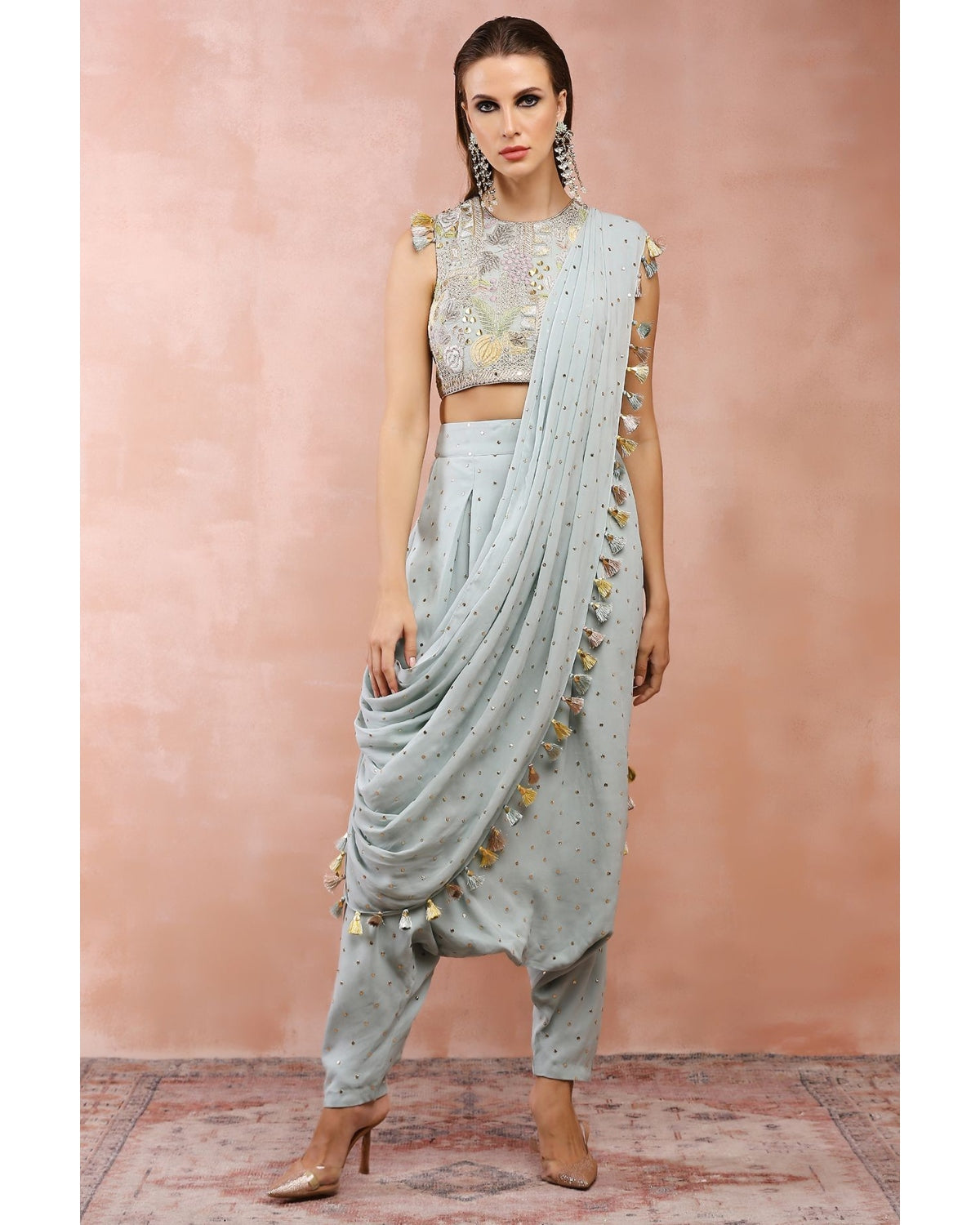 Powder Blue Embroidered Low Crotch Pant With Attached Drape | Payal Singhal