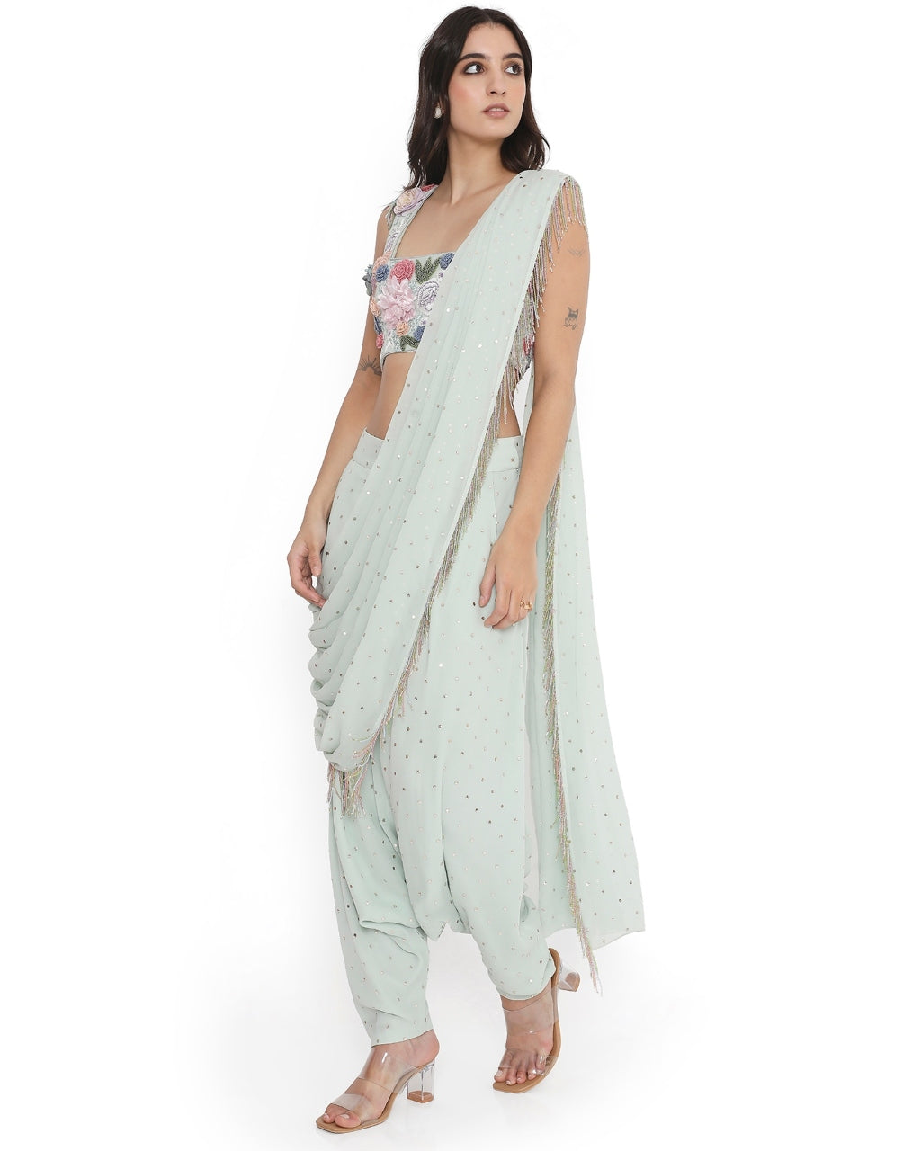 Sea Foam Embroidered Choli With Low Crotch Dhoti Drape