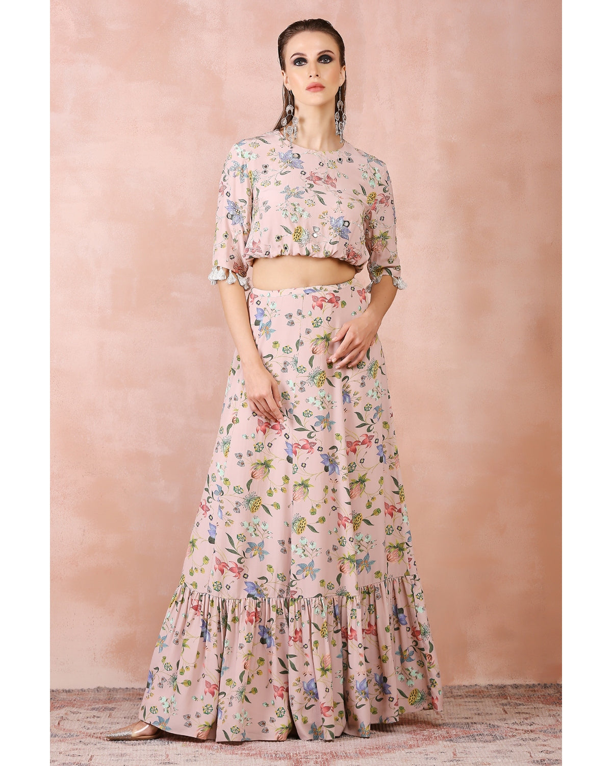 Rose Pink Nargis Print Embroidered Balloon Top With Frill Skirt by Payal Singhal