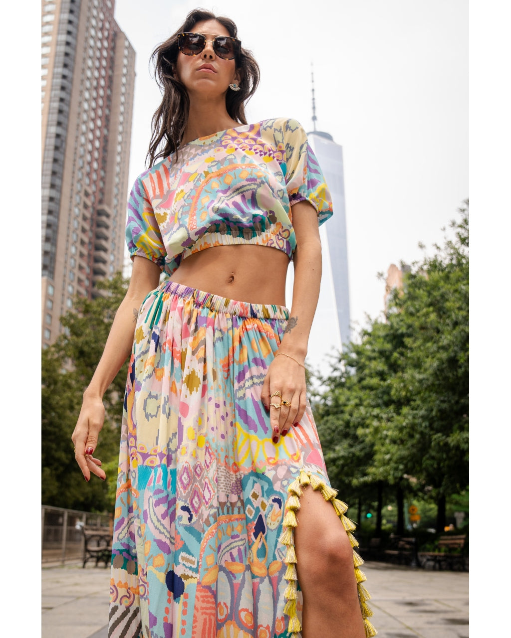 Emily Multi Psychedelic Print Crepe Balloon Top With Side Slit Gathered  Skirt