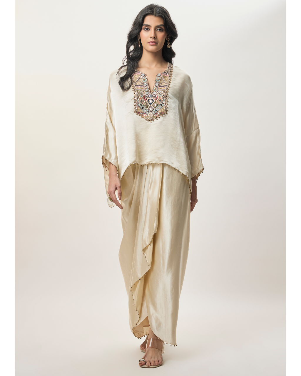 Risa Champagne Modal Satin Embroidered Yoke Top And Lungi Skirt