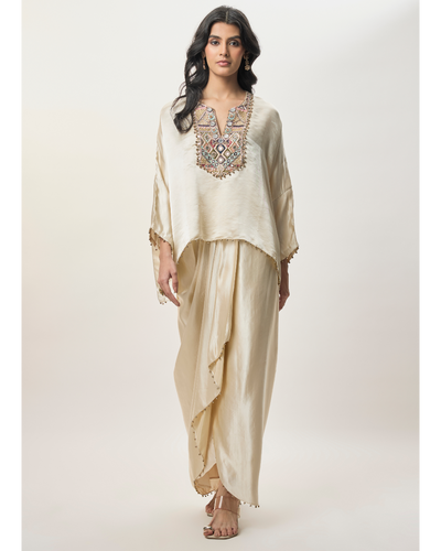 Risa Champagne Modal Satin Embroidered Yoke Top And Lungi Skirt