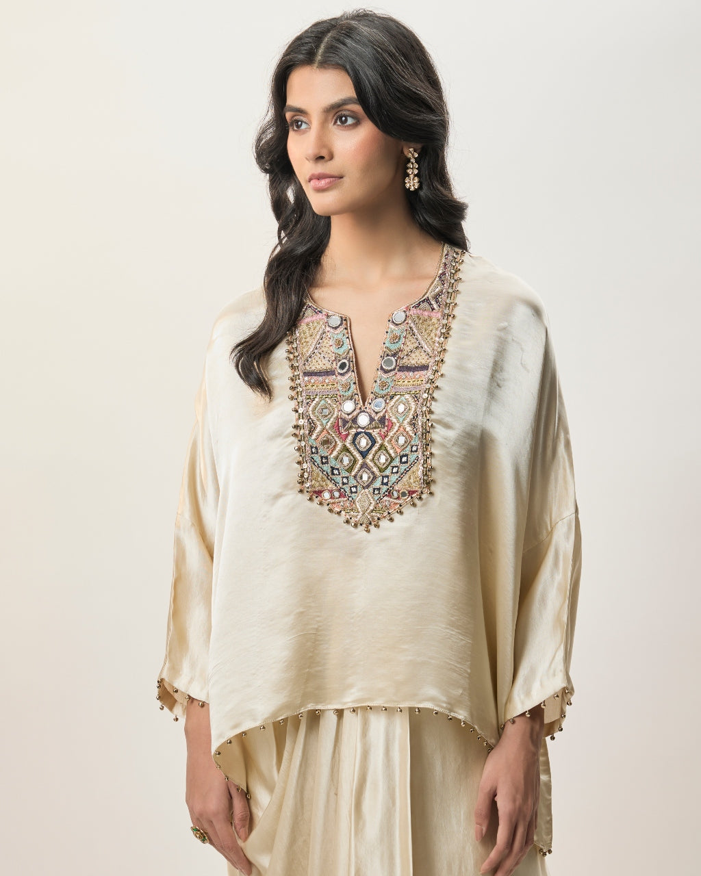 Risa Champagne Modal Satin Embroidered Yoke Top And Lungi Skirt