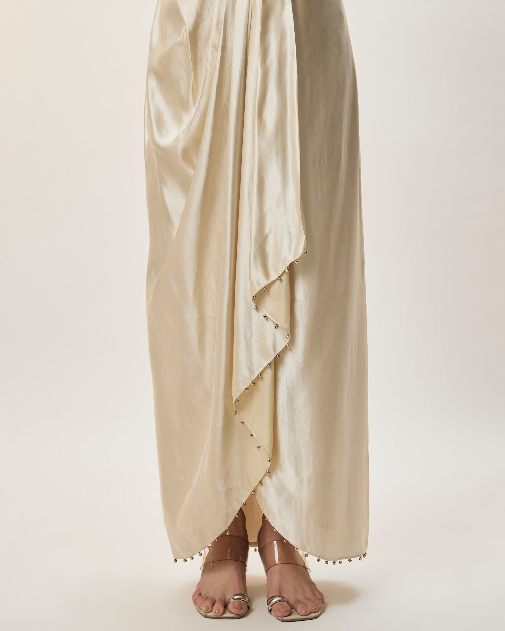 Risa Champagne Modal Satin Embroidered Yoke Top And Lungi Skirt